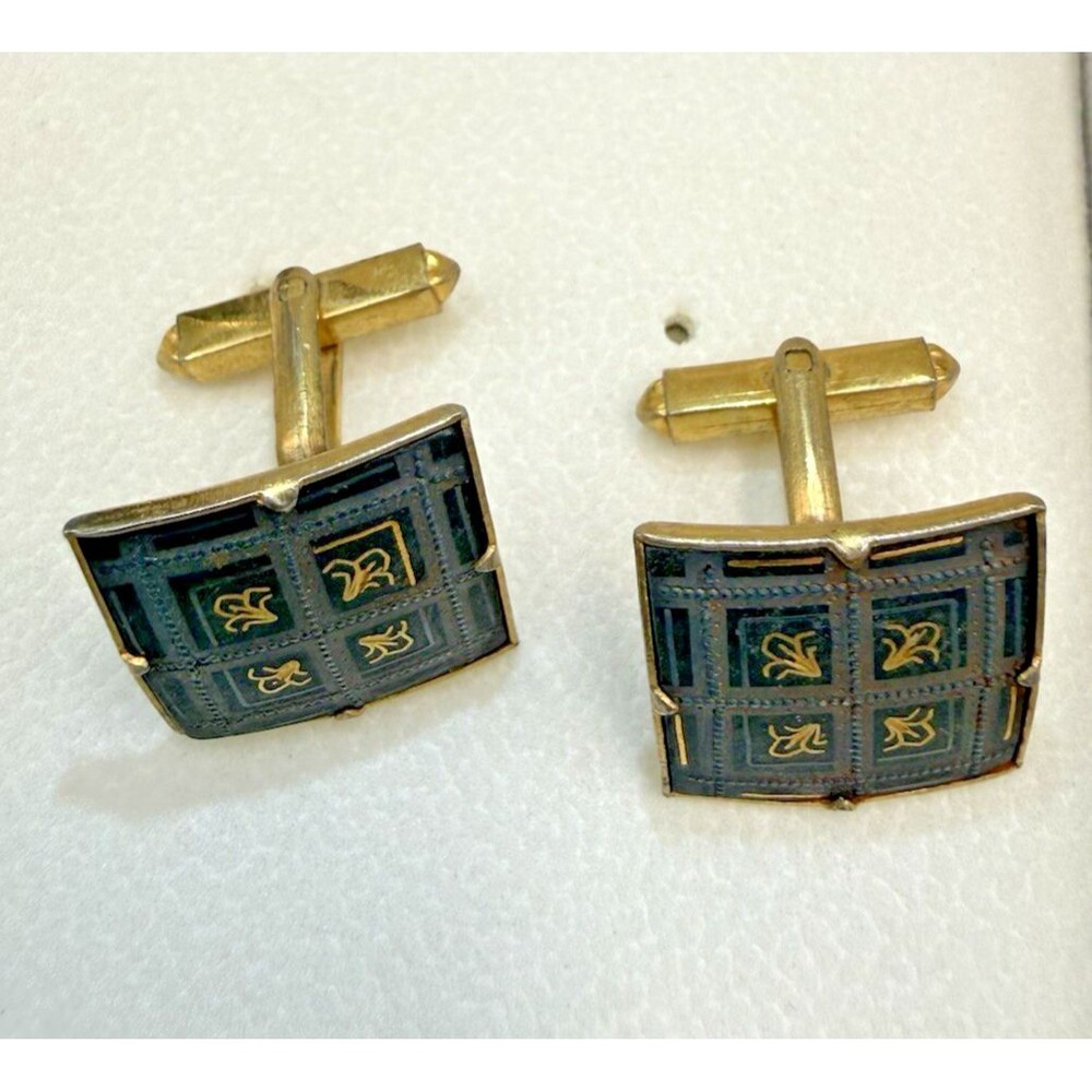 Vintage Style, Inlayed Fleur-De-Lis, Gold and Black  Cuff Links